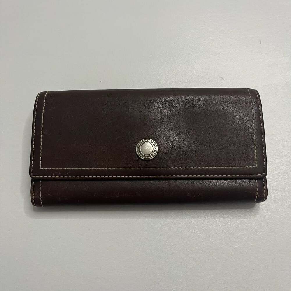 Coach Brown Leather Trifold Long Wallet Snap Closure Contrast Stitching